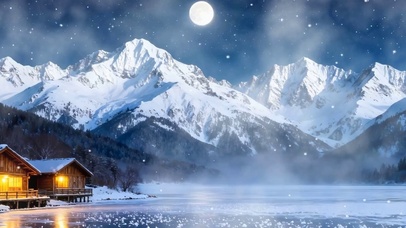 雪景树木房屋河流双屏