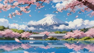 樱花湖畔雪山