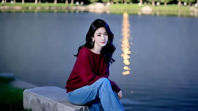 傍晚湖畔石台闲坐的红衣美女