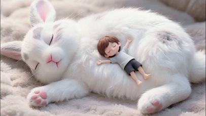 睡大兔肚皮上的小男孩