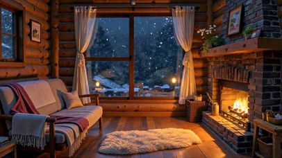 雪夜木屋壁炉温馨居家场景