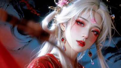 高颜值国风白发精致妆容美人特写