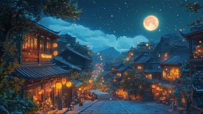 圆月当空古风静谧小镇