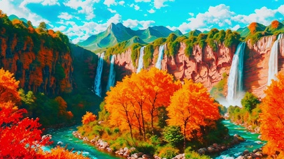 秋日唯美山川瀑布河流美景