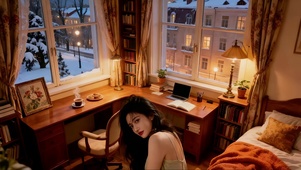 温馨卧室里坐在床边的美女