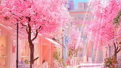 护眼樱花树木街道景色带鱼屏