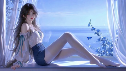 白纱窗边的蓝调少女