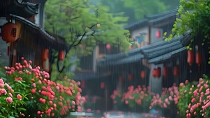 古风雨天花草树木带鱼屏