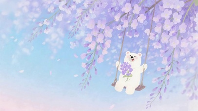 紫藤花下荡秋千的小熊