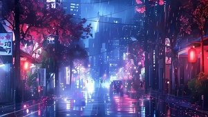 雨天樱花树木街道带鱼屏