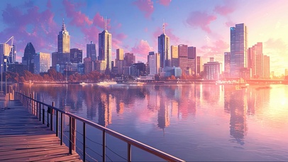 梦幻晚霞都市湖泊