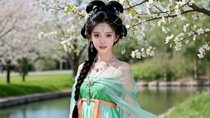 湖畔花树下古风汉服美女