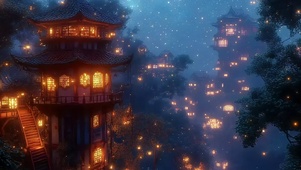 静谧萤火朦胧山林古城