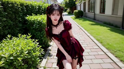 别墅草坪旁红色纱衣少女1