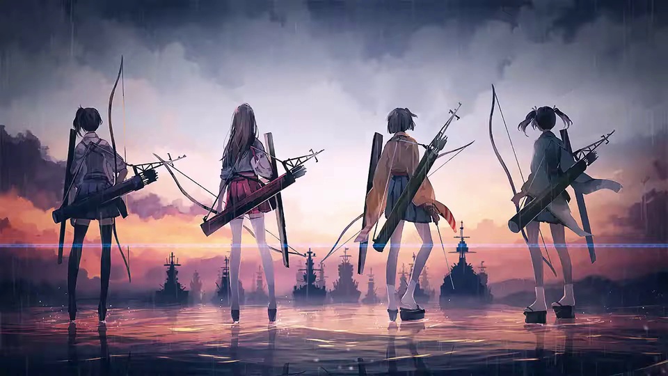 雨天傍晚的浅滩上，四名背向镜头、持弓的少女站在积水里，远方海面分布着成排军舰。