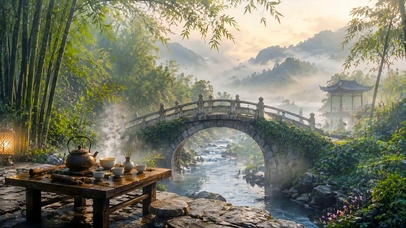 山水石桥流水竹林品茶