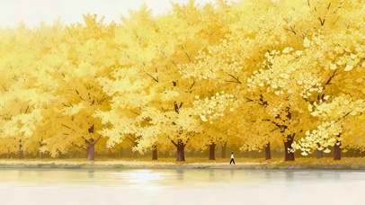 秋天湖边银杏树