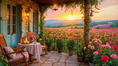 清晨日出花海小屋