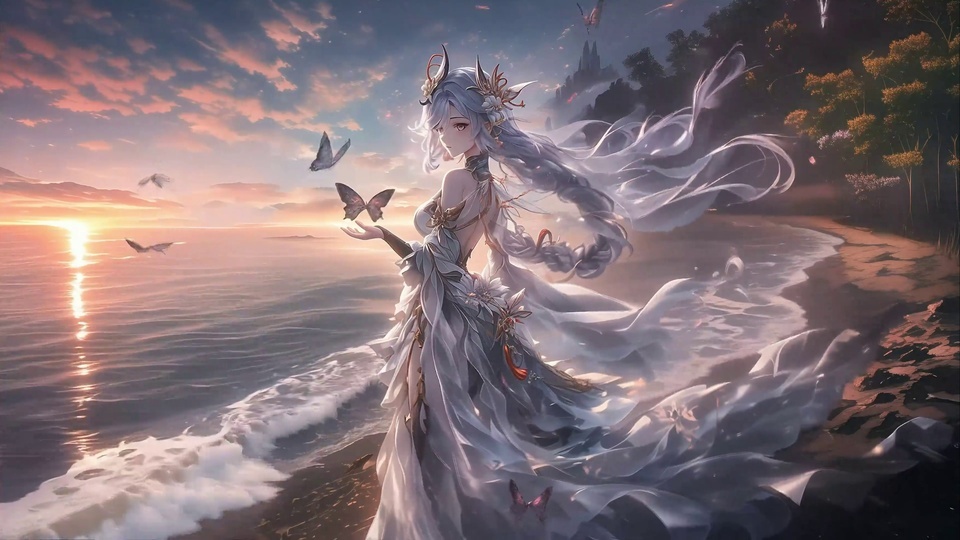 黄昏海岸边，银灰长发古装女子立在滩上，掌心托着蝴蝶，纱裙随风飘动。