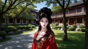 红衣唐装高发髻古风庭院美女2
