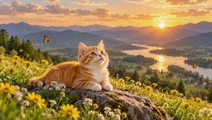 夕阳山巅花丛的软萌橘猫