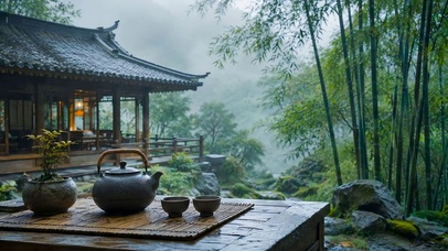 国风竹林雨景品茶