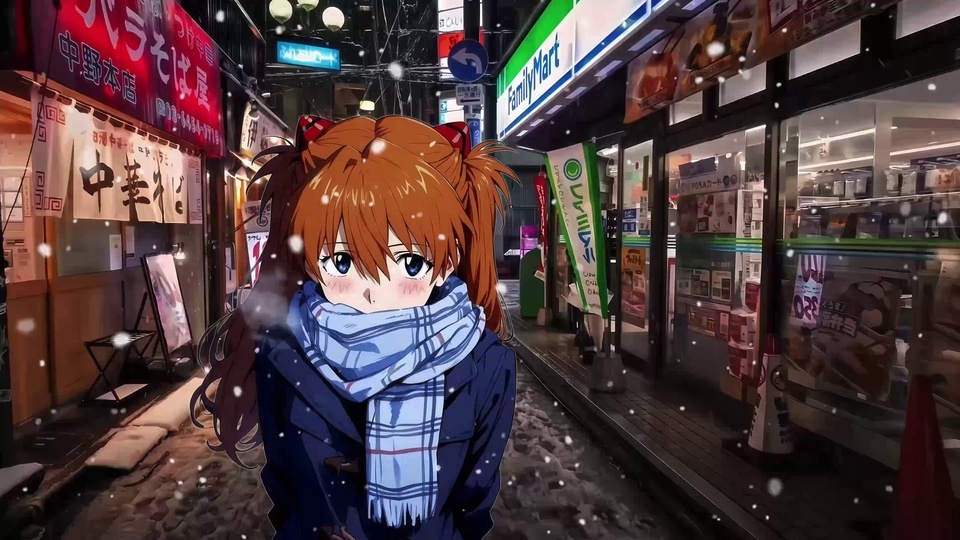 落雪的夜间日式小巷中，橙棕双马尾少女围着蓝格围巾站在街道中央。