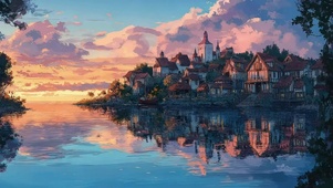 湖畔唯美小镇水中倒影