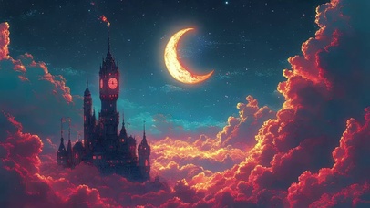 月亮星空云上静谧古堡