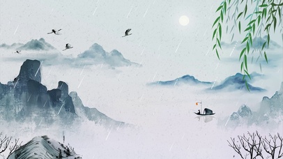 水墨杨柳泛舟图