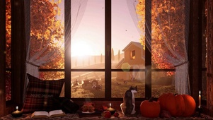 秋日里舒适的窗前角落