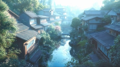 朦胧纯净古镇清晨风景