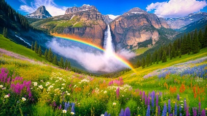 高山花草瀑布彩虹