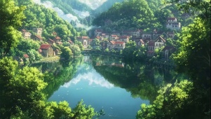 山林晴天唯美古城池塘