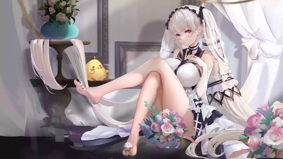 白双马尾二次元少女室内花簇插画