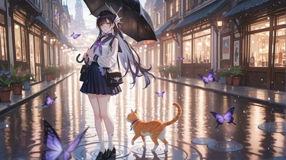 雨夜街道伞娘与猫