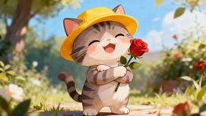 树下拿着鲜花猫咪