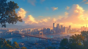 俯瞰落日城市大桥