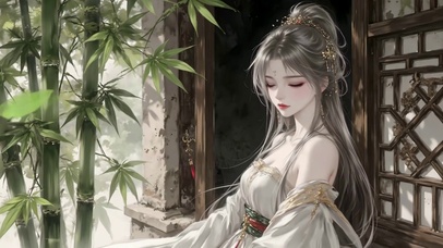 古窗竹林银发佳人