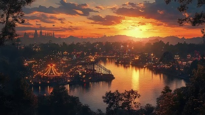 黄昏落日湖畔森林乐园