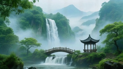 山水瀑布古亭美丽风景