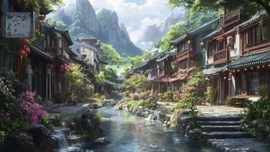 夏日山林溪流古镇建筑