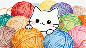 彩色毛线球中的小白猫