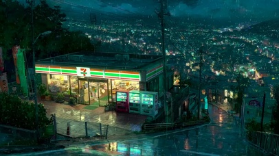 夜晚雨天小镇