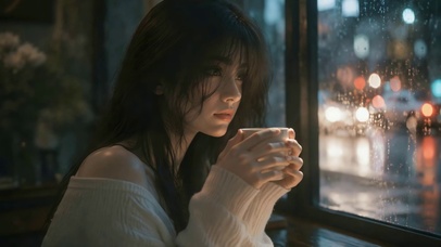 雨夜窗边的温柔美女
