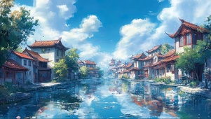 蓝天水乡两岸的建筑