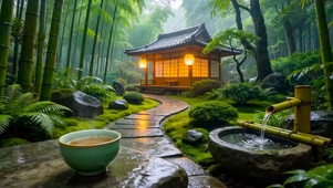 幽静竹林木屋