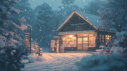 冬天静谧雪景温馨商店