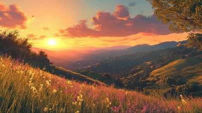 山坡上的浪漫黄昏落日