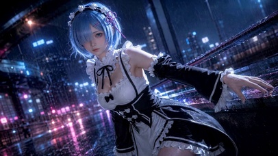 赛博雨夜女仆雷姆动态壁纸
